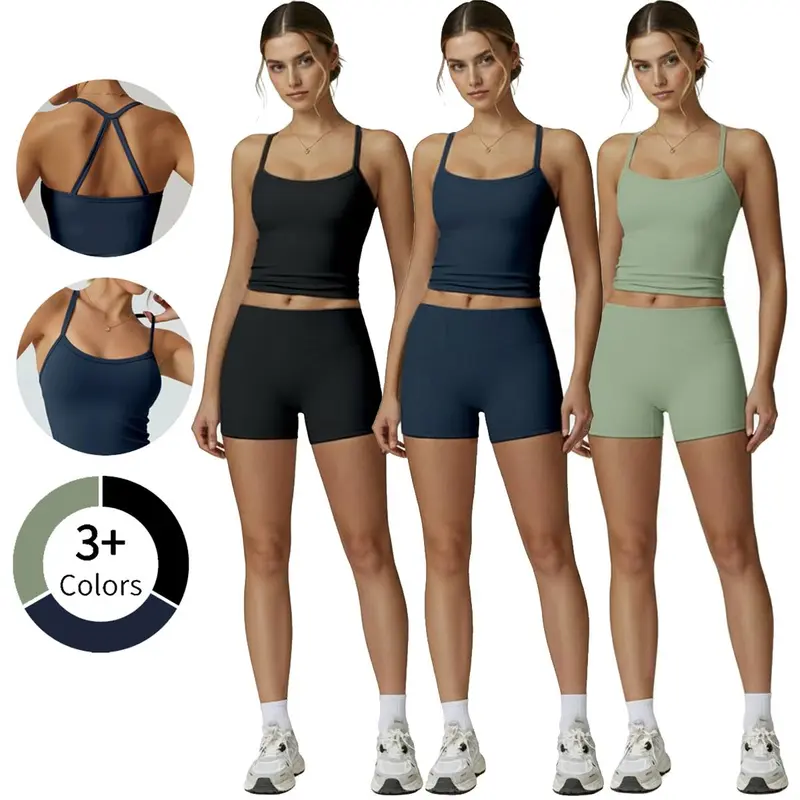 Women's 2-Piece Quick Dry Activewear Set - Solid Color High-Waist Booty-Lifting Above-the-Knee Shorts, Fitted Tank Top for Gym Yoga, Supports Natural Movement