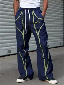 Men's Casual Sport Pants, Fluorescent Stitching Design, Drawstring Wide Leg, Loose Fit, All Seasons Wear, Men's Clothing
