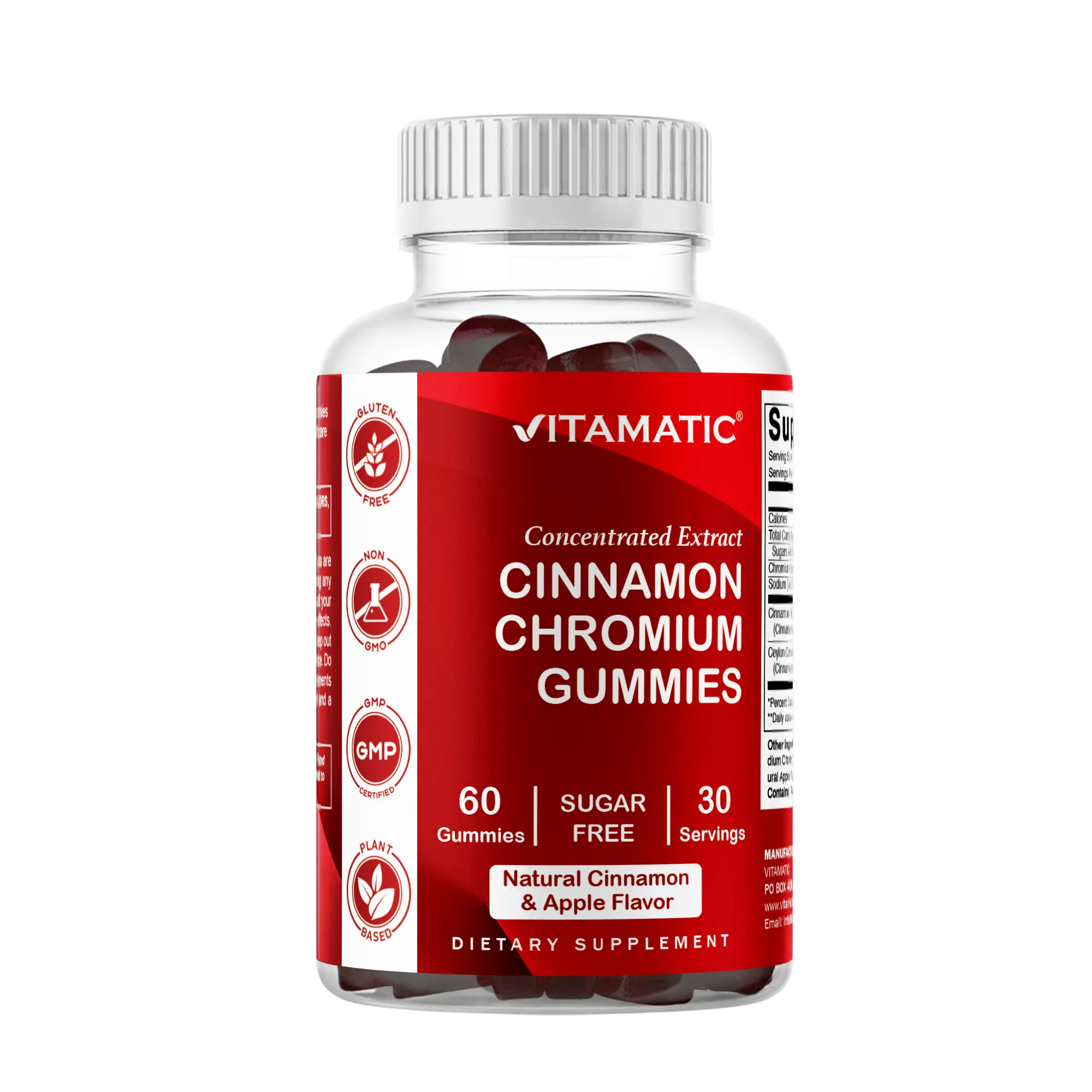 Vitamatic Chewable Chromium & Ceylon Cinnamon Gummies - Sugar-Free, Vegan, Non-GMO, Gluten-Free Metabolism Support Dietary Edible Vitamin Supplement - 60 Count Plant-Based Botanical Extract