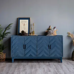 Retroy Vintage 4-Door Credenza Cabinet - 60" Navy Blue Storage Buffet with M-Shaped Panel Doors, Solid Wood Base for Dining Room & Living Room