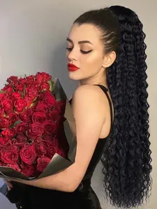 30 Inch Curly Ponytail Extensions Synthetic Deep Wave Drawstring Ponytail For Women Kinky Curly Hair With Clip In Thick Ponytail Hair Natural Black Hairpiece