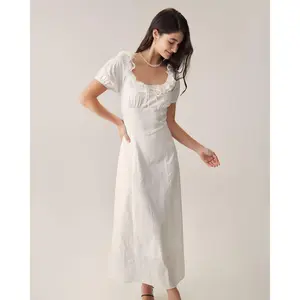 White Embroidery Puffed Sleeve Maxi Dress
