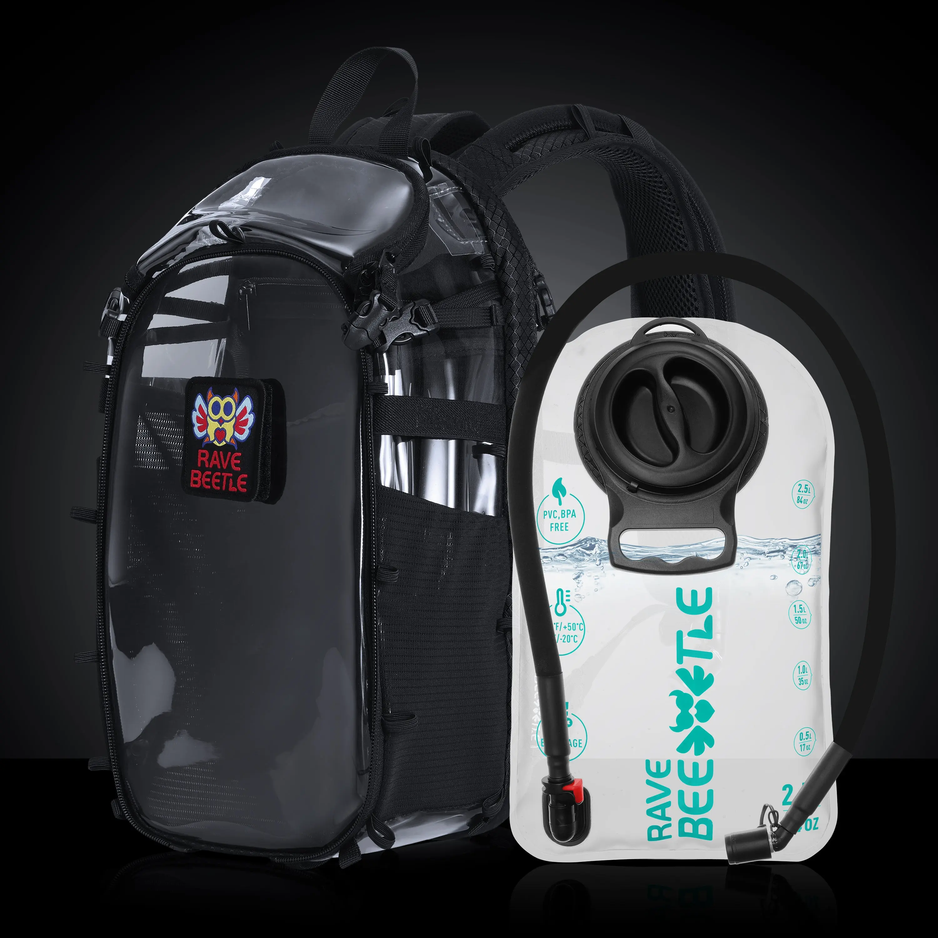 RaveBeetle Elytra Hydration Pack 3.0 – Festival Backpack with Water Bladder (Clear)