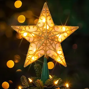 11'' Star Tree Topper, Glitter Christmas Tree Top with 10 Lights, Xmas Tree Decoration (Gold)