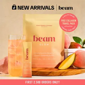 Beam Peach Mango Glow Daily Women's Superblend, 15 single-serve packets per bag, Supplement For Hair Growth, Stronger Nails & Skin Health. Hormone Balance. Vegan & Caffeine-Free
