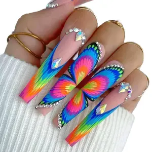 24 Long Frosted Rainbow French Colorful Butterfly Pattern Nails - Vibrant Rainbow Design with Glitter Accents, Multi-Colored and Glittery Finish