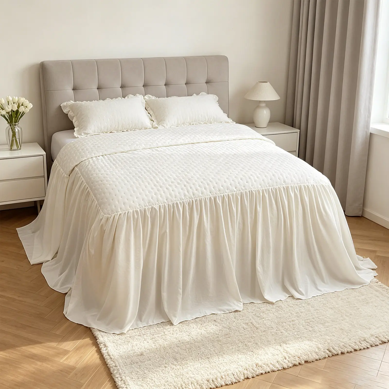 Ruffled Bedspread Set King Size/Queen Size, Washed Cotton Vintage Quilted Coverlet Set Bedding with 30 Inch Drop & 2 Pillow Shams for Farmhouse, Boho & Cottage Decor