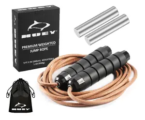 HUEY Sport Weighted 1lb Leather Jump Rope Adjustable Skipping Rope for Speed Quiet Training Boxing MMA Cardio Crossfit Fitness Workout Indoor and Outside Exercise for Beginner Kids Men and Women