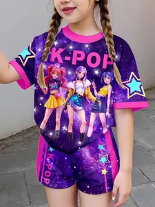 K-Pop Starry Idol Kids Set, Colorblock Design Anime Girl Print Short Sleeve Shorts Two-Piece, Slim-Fitting Street Style