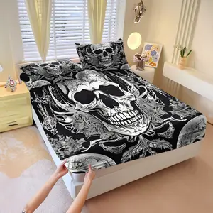 Skull Themed Fitted Sheet Set: Comfortable and skin-hugging bedding with a cloud-like wrapping touch. Designed with skull flower prints, it suits trendsetters who love edgy styles and is an ideal bedroom decoration. No Filling Included.