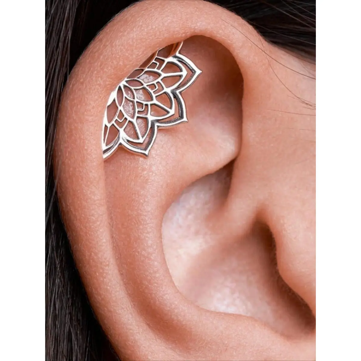 1Pc Elegant Silvery Metal Coating Bohemian Helix Earring - Geometric Mandala, Flower & Lotus Motif, Hidden Lotus Shape Cartilage Piercing Jewelry, High-Quality Pin Back, Year-Round Daily Wear Spiritual Accessory, Meaningful Gift Option
