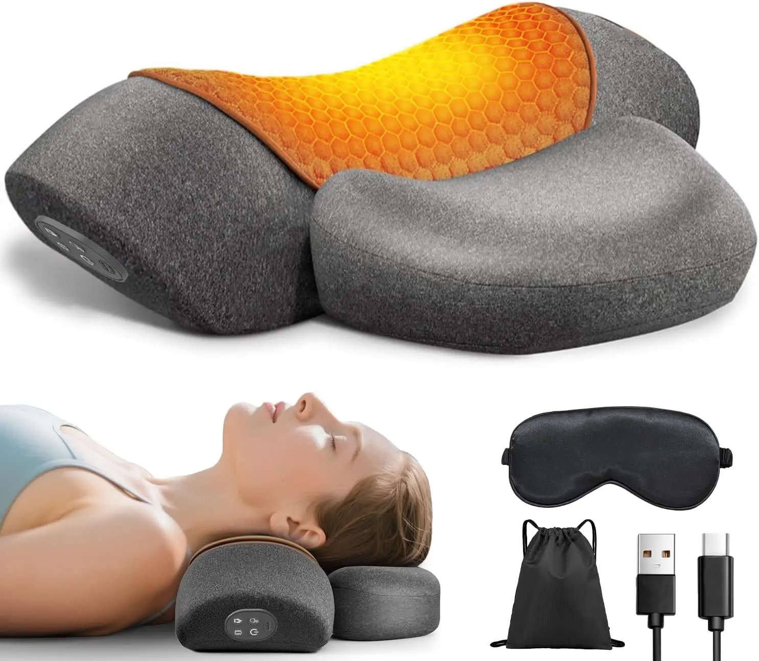 Portable Cordless Heated Neck Massager Pillow - 3-in-1 Rechargeable Therapy Device with Heated Modes, Deep Tissue Massage, Electric Stretch, Adjustable Ergonomic Design for Shoulder Pain Relief, Spinal Alignment Support, Neck Strain Relief, Grey, Mild