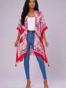 Floral Print Kimono Duster with Tassels