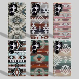 Southwestern Aztec Stripe Phone Case for Samsung Galaxy S25/S24/S23/S22/S21/PLUS/FE/Ultra/NOTE20/A71/A56/A55/A54/A53/A52/A36/A35/A34/A26/A25 Shockproof Wireless Charging Thickened Rodeo Aztec Western Cow girl geometric blue grey Navajo art phone cover