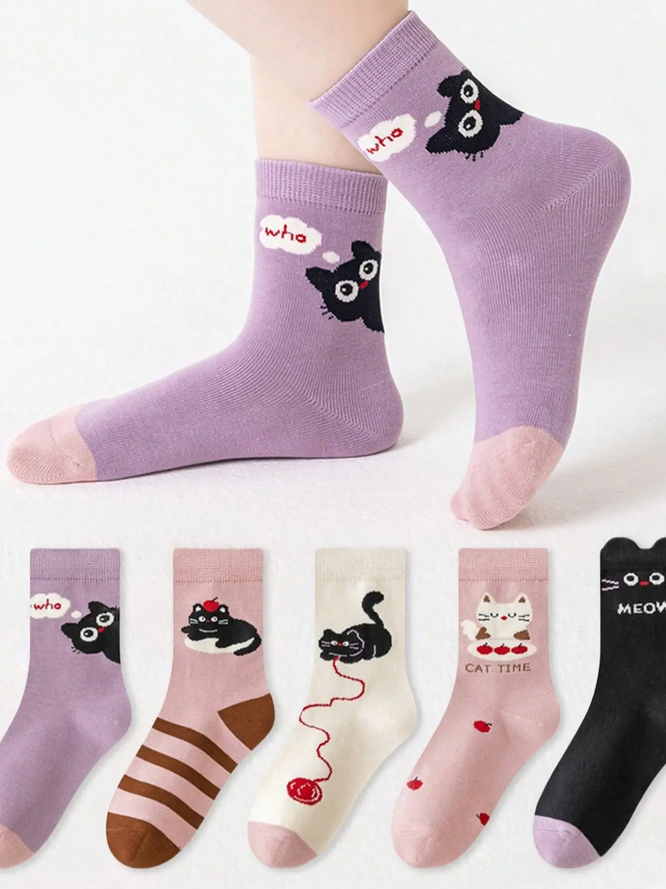 5 Pairs Kids Socks Cartoon Cat Pattern, Cute Colorful Design Mid-Calf Socks for Boys & Girls, Suitable for All Seasons Daily Wear Animal Socks