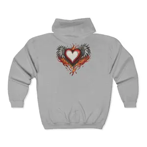 Heart Flame Zip Hoodie — Winged Fiery Heart Full-Zip Sweatshirt - Unisex