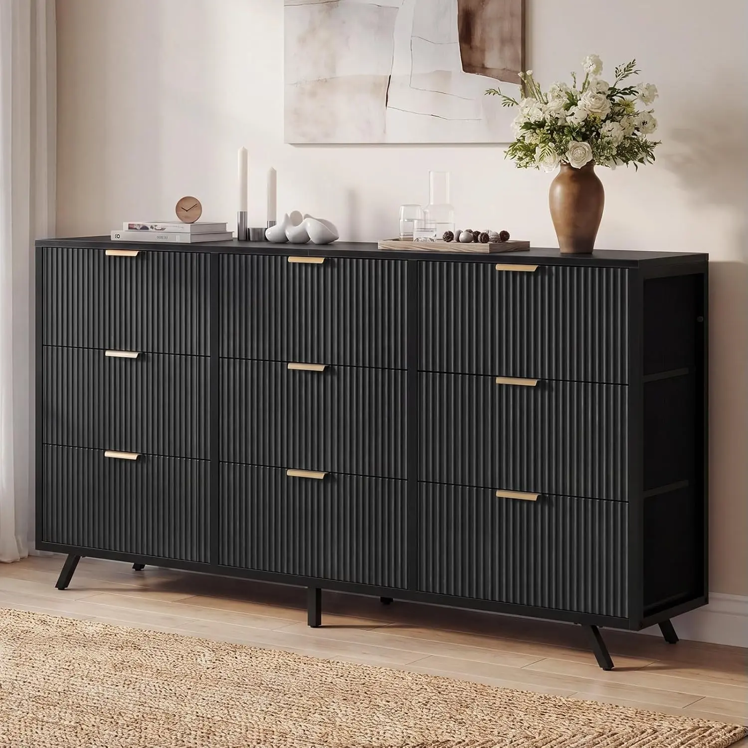 9-Drawer Fluted Fabric Dresser – Modern Chest with Metal Frame & Wooden Top, Large Storage Organizer for Bedroom, Living Room, Entryway
