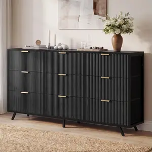 9-Drawer Fluted Fabric Dresser – Modern Chest with Metal Frame & Wooden Top, Large Storage Organizer for Bedroom, Living Room, Entryway