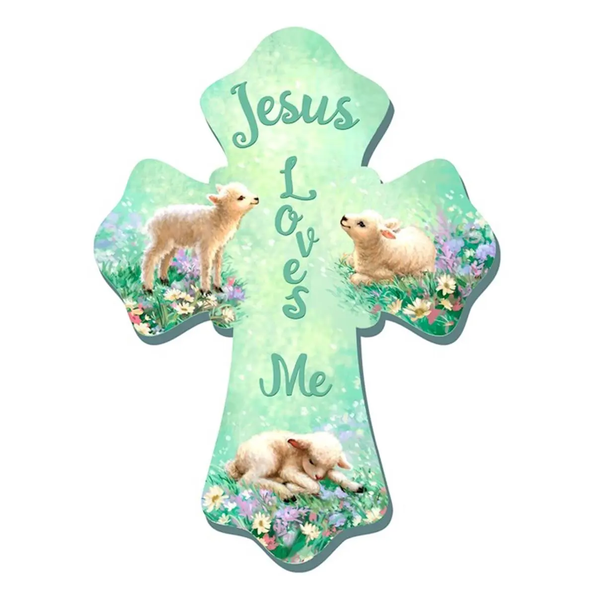 212 MAIN 6x8 in. Wooden Cross Wall Decor, Religious Hanging Decor with Lambs Motif, "Jesus Loves Me" Design, Religious Cross Print, Stylish Religious Decor