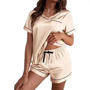 Silk Pajama for Women Short Sleeve Satin Pj Set Two Piece Soft Sleepwear Loungewear, S-XXL