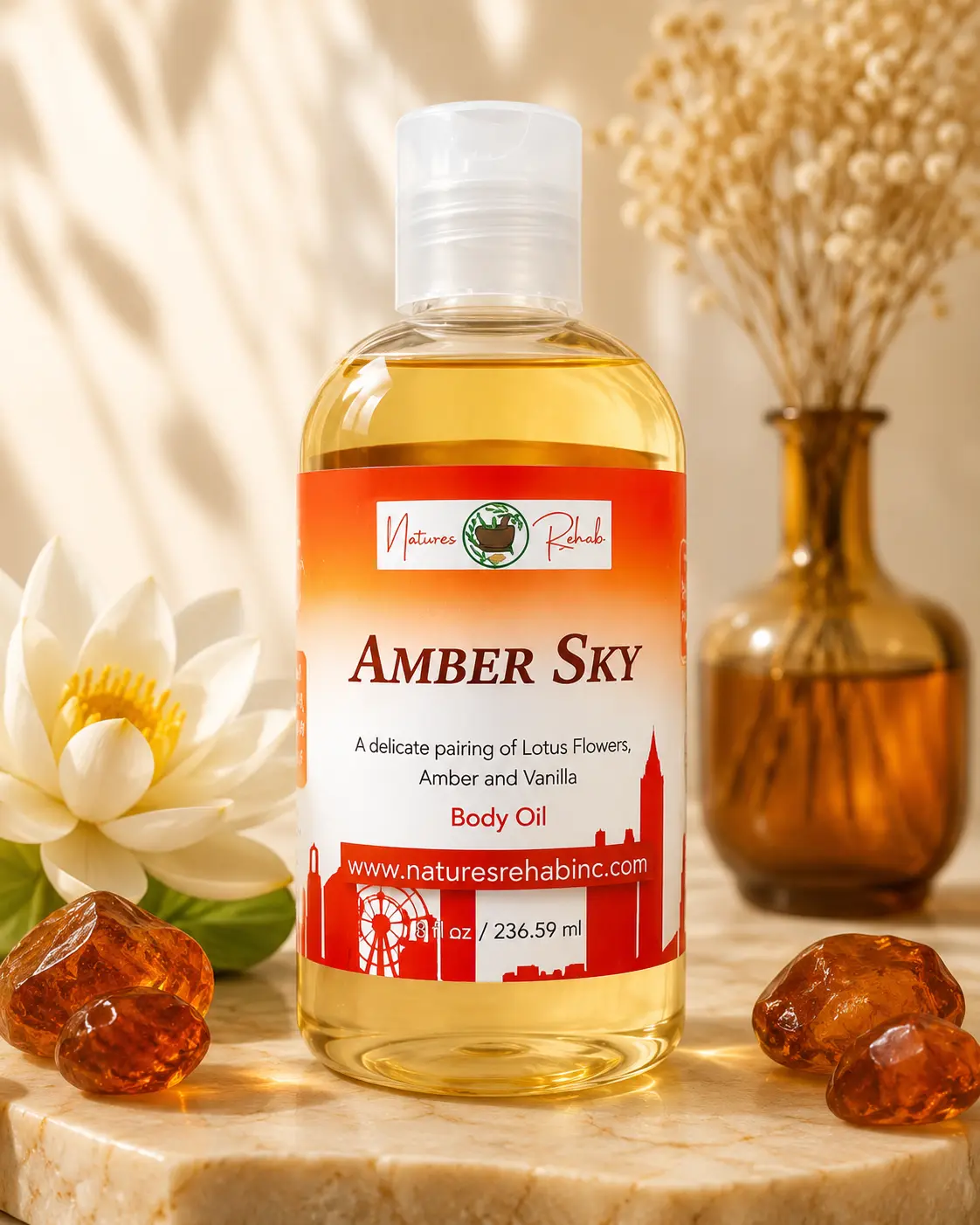 Nature's Rehab Amber Sky Body Oil – Hydrating Moisturizing Body Oil for Dry Skin | Lightweight Non-Greasy Massage Oil with Sunflower Oil, Safflower Oil & Vitamin E | Lotus, Amber & Vanilla Scent | 8 fl oz