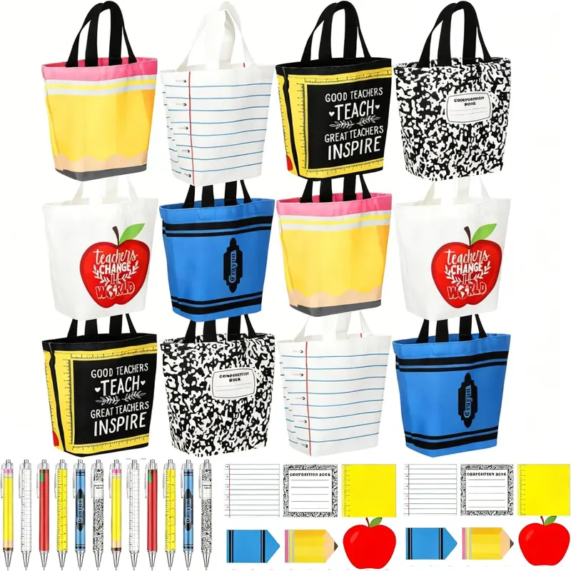 6/12 Pcs Christmas teacher Appreciation Gifts Bags Canvas Tote Bags with Pencil Crayon Marble Notebook Apple Pattern Thank You Gift Handbags for Teacher Student,School Study Supplies,Xmas Thanksgiving Birthday Party Welcome First Day of School Gift
