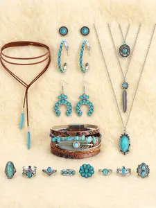 17 Pcs Retro Folk Western Jewelry Collection with Turquoise Shades for Women Men Alloy with Weathered Vintage Coating Elegant Clinging Collar Necklaces Smooth Leather Wrist Wrap Bands Trendy Drop Circle Earrings Stretch Stackable Minimalist Knuckle Rings
