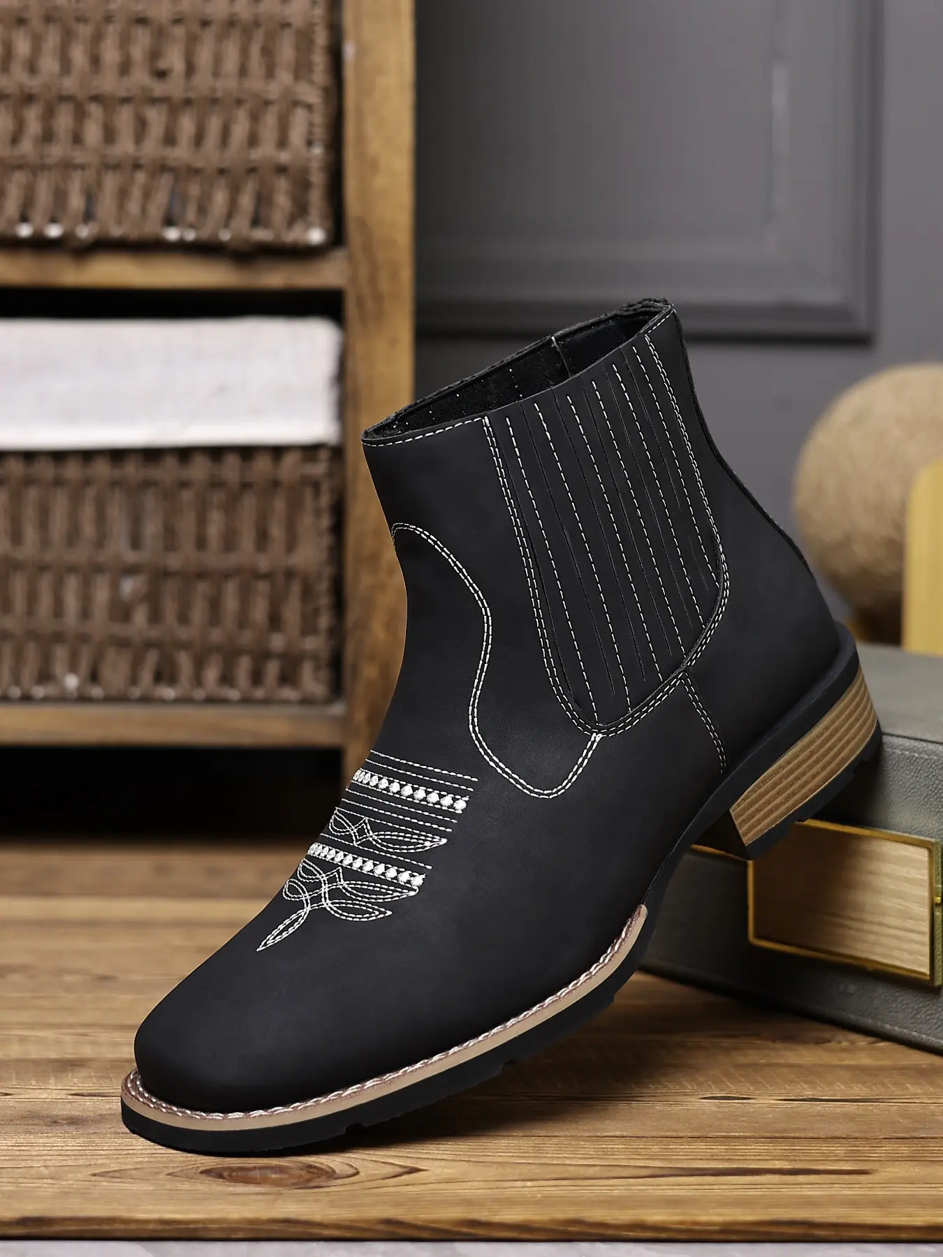 Men's Ankle Boots PU Leather Plaid Design Business Style Rubber Sole Casual Vintage One-Step Chelsea Boot vintage soul boots All Season Footwear
