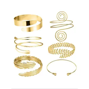 Women's Vintage Golden Arm Cuff Set - Elegant Feather & Leaf Design, Minimalist Stackable Bohemian Body Jewelry, All-Match Exquisite Costume Accessory for Women