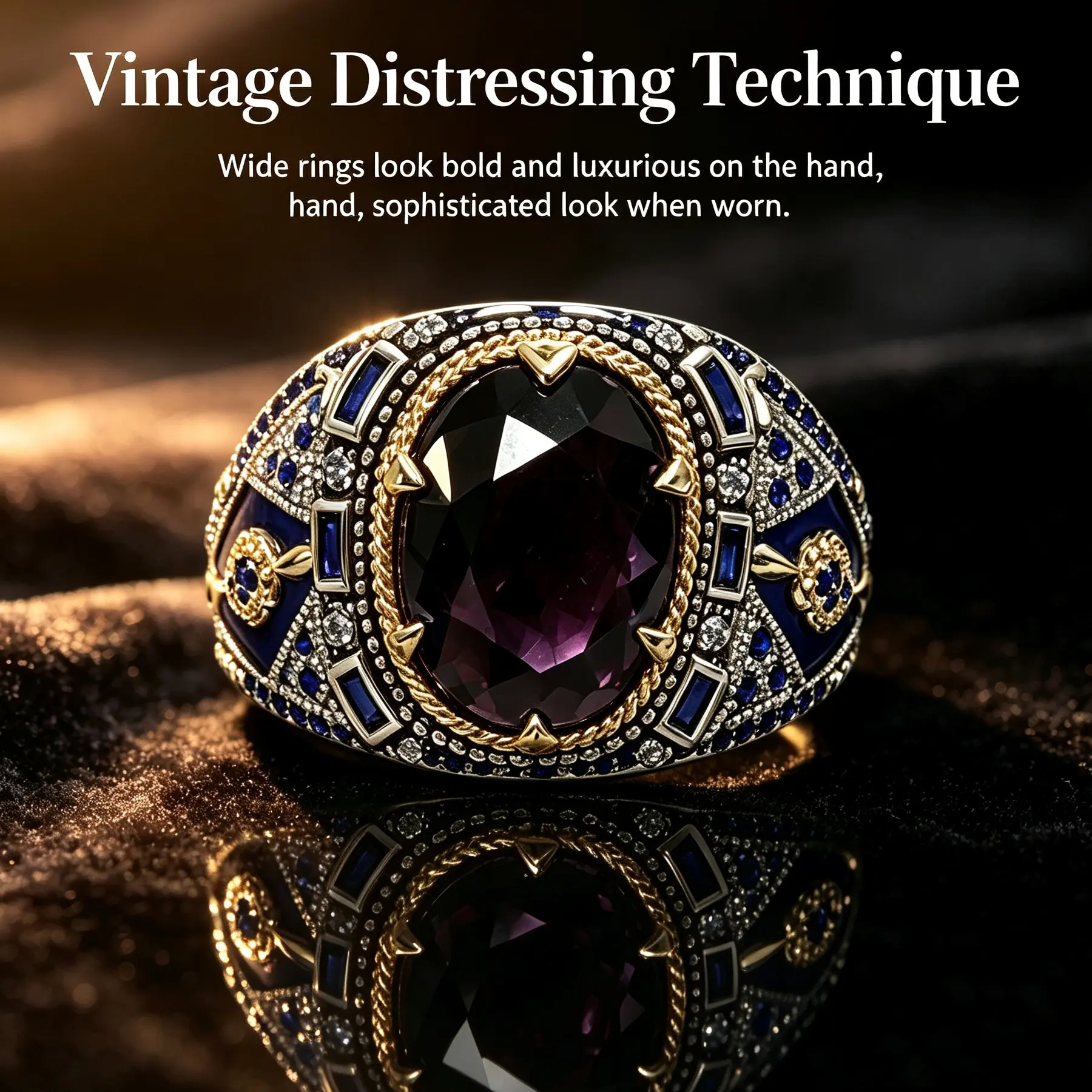 Vintage Enamel Chunky Unisex Ring with Oval Synthetic Zirconia Imitation Amethyst, Everyday Wear Jewelry - Versatile Accessory for European-American Court-Style Banquets