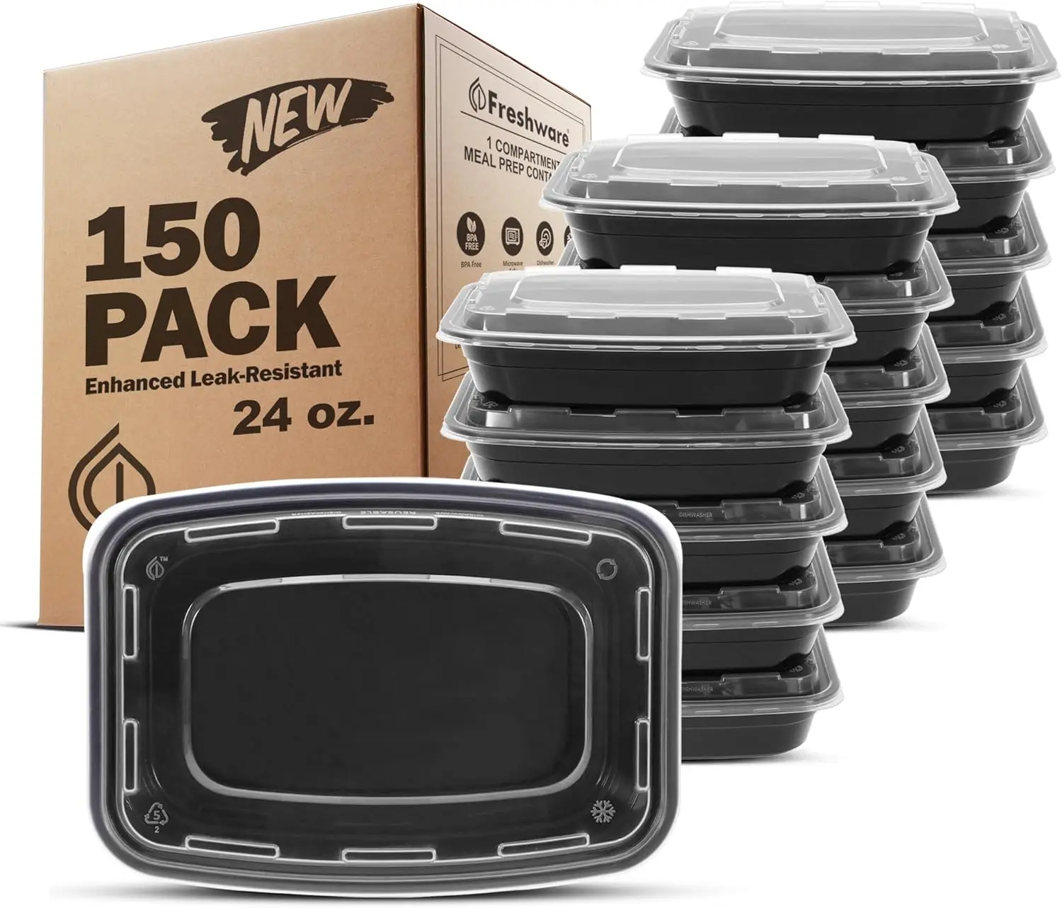 FRESHWARE 150-Pack 24oz 1-Compartment BPA-Free Plastic Airtight Meal Prep Containers with Lids, Leakproof Stackable Sturdy Food Storage Boxes, Reusable Kitchen Utensils, Microwave/Dishwasher/Freezer-Safe (Withstands -40°F to 250°F) On-the-Go Containers