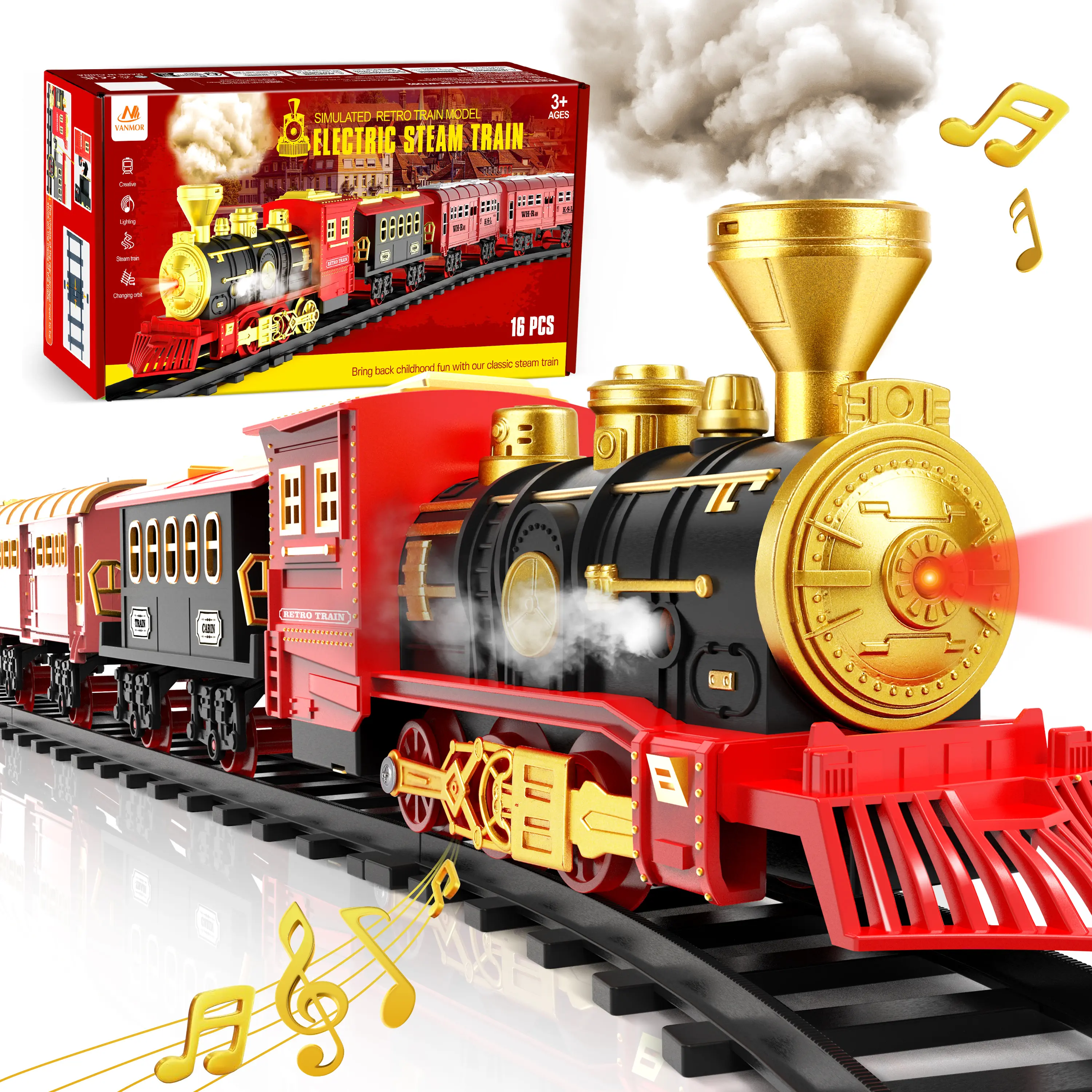 Vanmor Train Set for Kids Toddlers 3-5, Electric Christmas Train Set with Steam Engine, Cargo Car and Long Track, Battery-Powered Play Red Train Toys with Smoke, Light & Sounds, Gift for Toddlers Christmas Remote Control Train Remote Control