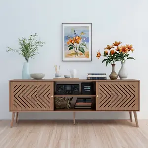 【HUOMAQFAN】 Mid-Century Modern TV Stand with Storage, 55-70 Inch Television Media Console, Home Organizer Standing Shelf Unit