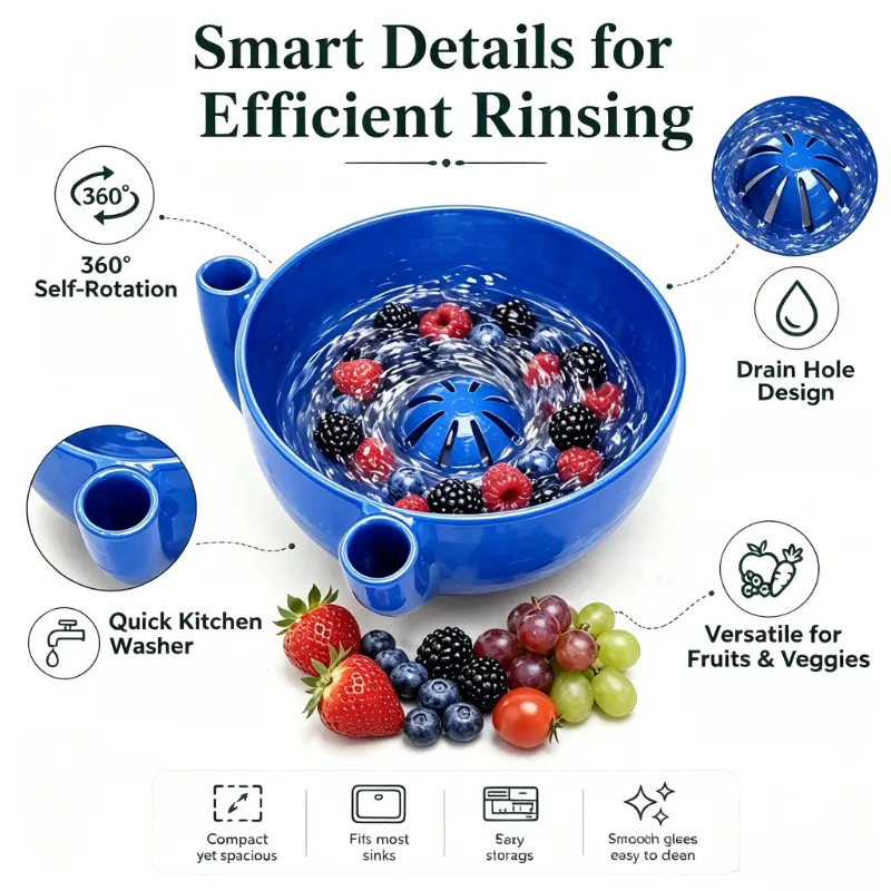 Self Rinsing Berry Bowl, Fruit Washing Bowl with Drain Hole, Rotating Fruit Cleaner for Strawberries, Grapes, Berries, Vegetables & Kitchen Prep