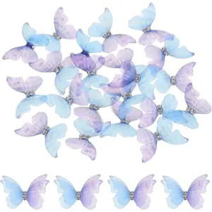 20Pcs Sheer Mesh Butterfly Appliques 30mm Two Layers Butterflies with Gem Applique Patch DIY 3D Craft Ornament for Wedding Party Home Decor Clothes Blue Purple