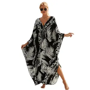 Plus Size Mumu Dresses for Women - Boho Batwing Sleeve Caftan with Side Slits, Long Moo Moo Nightgown & Beach Cover Up - Black Leaf