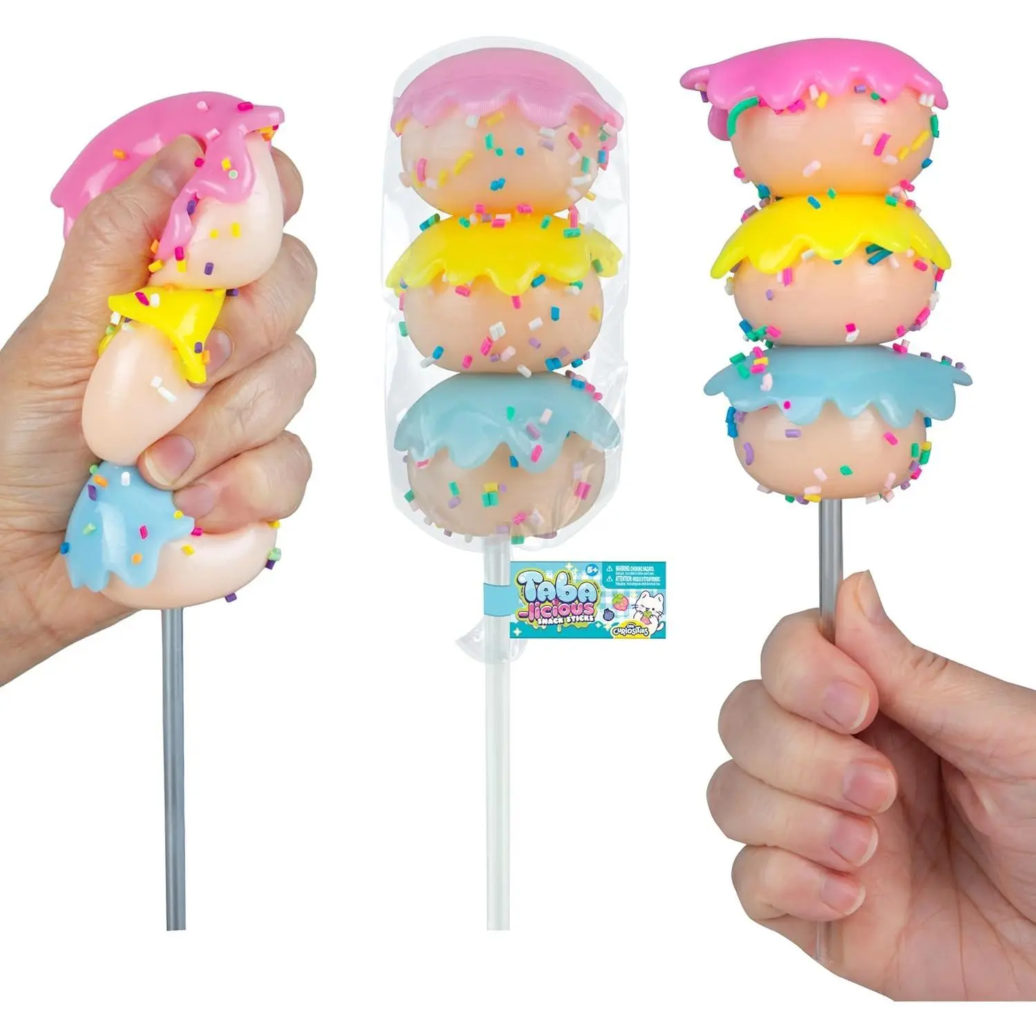 ORB Tabalicious Snack Sticks TABA Squishy Cake Pop Toy - 3 Cute, Sticky TABA Cake Pop Food Squishies with Rainbow Frosting - Removable Stress Ball Toys - Kawaii Sensory Fidget Toys for Kids and Adults