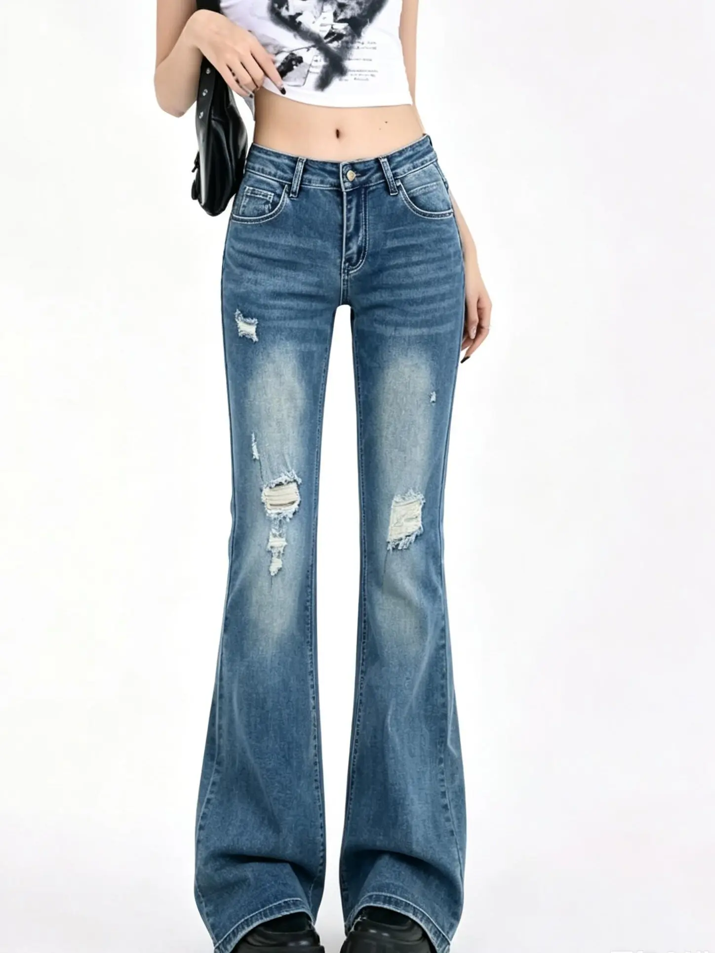 High Waist Gradient Faded Multi Shredded Distressed Rip Full Length Slim Bootcut Flare Jeans