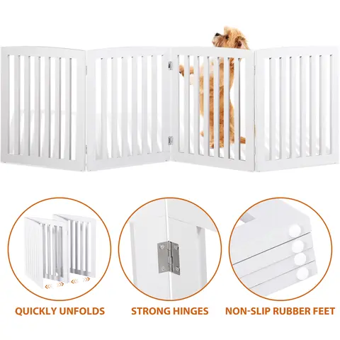 Segawe 4-Panel Foldable & Freestanding Dog Gate - Solid MDF Home Pet Playpen, 2.7" Thin Profile, Folds to 2.7", 82" Expand Fit, 8 Protectors, 20.4"(L)x24"(W)x0.7"(H), 22.1 lbs, No Assembly, Easy Storage/Cleaning, Long-Lasting Durability Entryway Fence