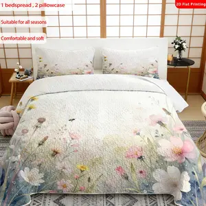 3 pcs, 2D flat print Watercolor Floral bed cover set, Boho Wildflower Meadow theme, multiple sizes available, bedding set, festive decorative bedding, ideal for bedroom décor, Bed Sets Supplies(1 bedspread , 2 pillowcase)