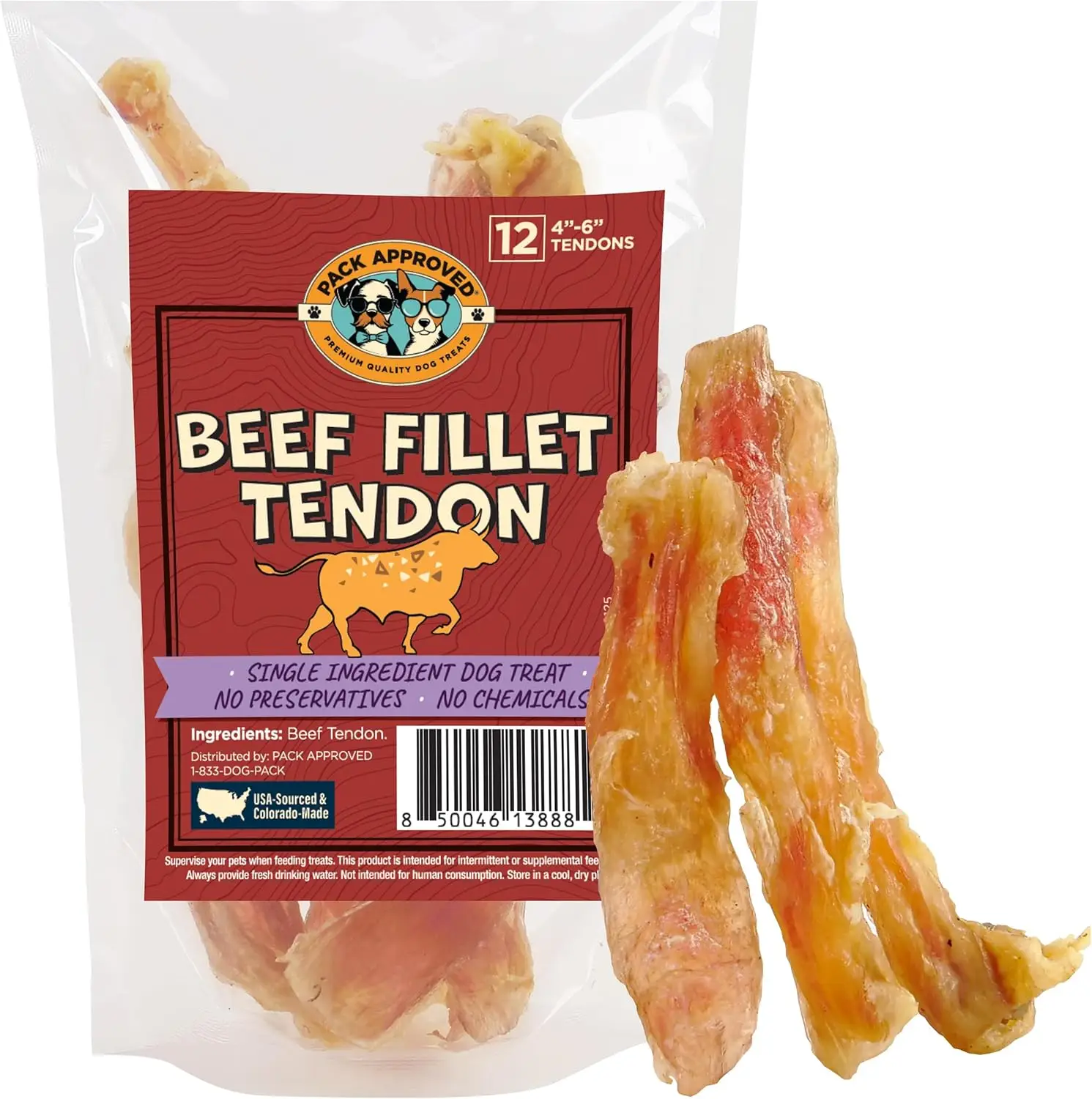 Pack Approved Beef Fillet Tendons for Dogs - Single Ingredient Dog Treat, 4-6" (12ct) Chews
