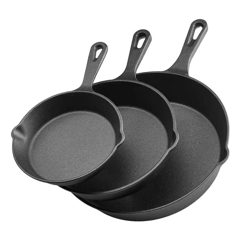 3-Piece Cast Iron Skillet Set with Double Pour Spouts & Hanging Hole Handles, Uncoated Cast Iron Frying Pan for Steak, Fried Eggs & Pizza