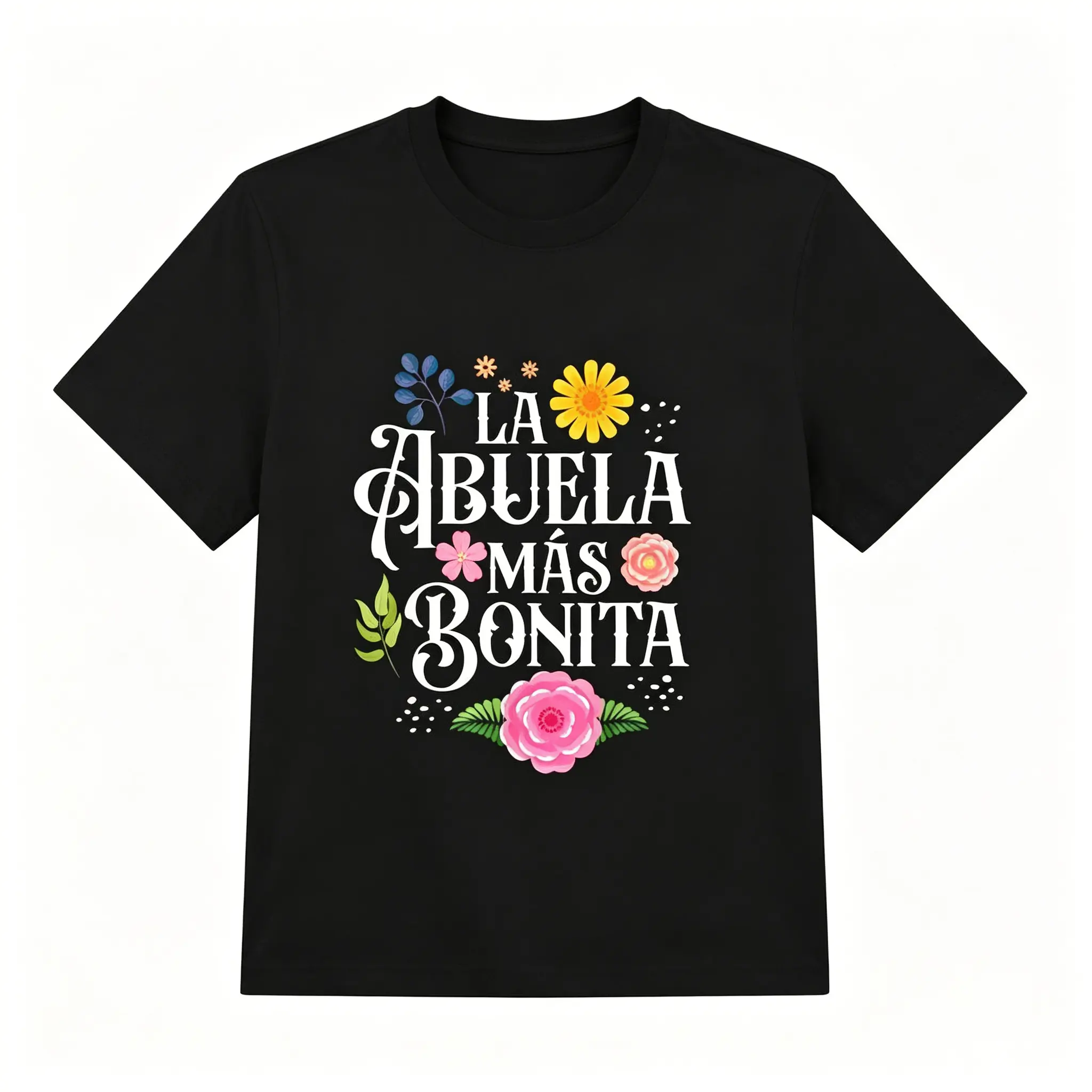 Mother's Day Hispanic Grandma T-Shirt - "La Abuela Más Bonita" Floral Print Casual Round Neck Tee, Vibrant Colors on Black, Machine Washable Spring/Summer Top for Women, Festive Family Gathering Attire |   Comfortable Fabric Shirt, Grandmother T-Shirts