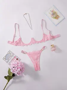 Women's Elegant Hollow-Out Lace Embroidery Underwear Set, Cute Lady Clothes, Intricately Designed for Romance in Red, Pink, White, Blending Seduction with Comfort, Underwear Women, Lightweight