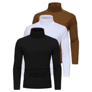 Long Sleeve Solid Color Stretch Knit 3-Pack Men's High Neck T-Shirts - Polyester Base Layer for Fall/Winter Warmth