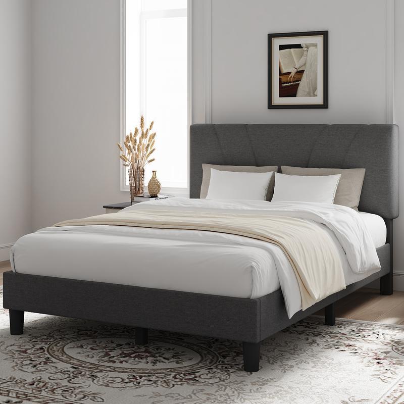 Bed Frame Upholstered Platform Full/Queen/King Bed Frame with Adjustable Headboard, Strong Weight Capacity, No Box Spring Needed, Easy Assembly, Grey Modern Unique Bedroom Furniture