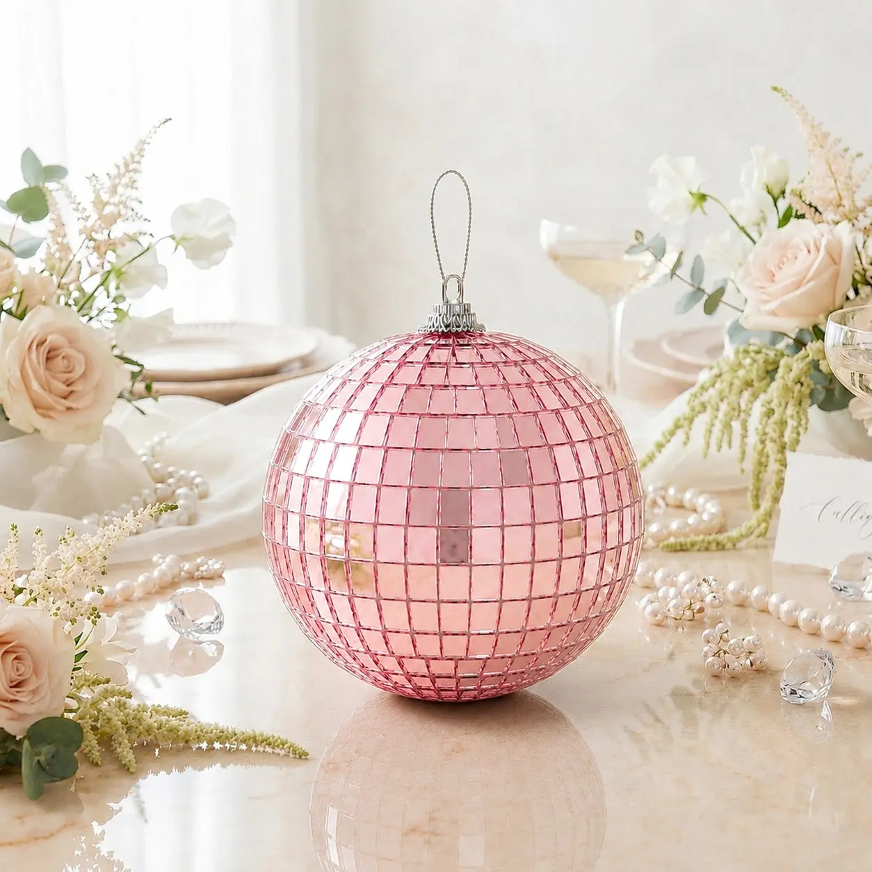 Rose Gold Foam Disco Ball Hanging Ornaments (2-Pack, 10in), Festival-Style Decor with Swivel Hanging Ring for 70's Disco Party, Wedding, Christmas Tree Accent, Festival Style Hanging Ornaments