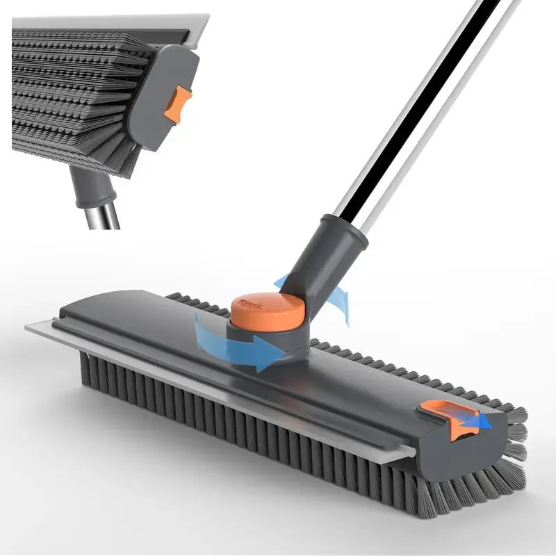 3-in-1 Rotating Long-Handled Floor Scrub Brush with Silicone Squeegee Blade, Adjustable Stainless Steel Handle, Multi-Angle Rotation, ABS Multi-Surface Cleaning Tool for Tile, Glass, Bathroom and Household Cleaning