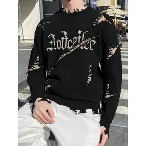 Unisex letter-pattern ripped knit sweater, jacquard crew-neck pullover, slightly stretchy warm street-style top