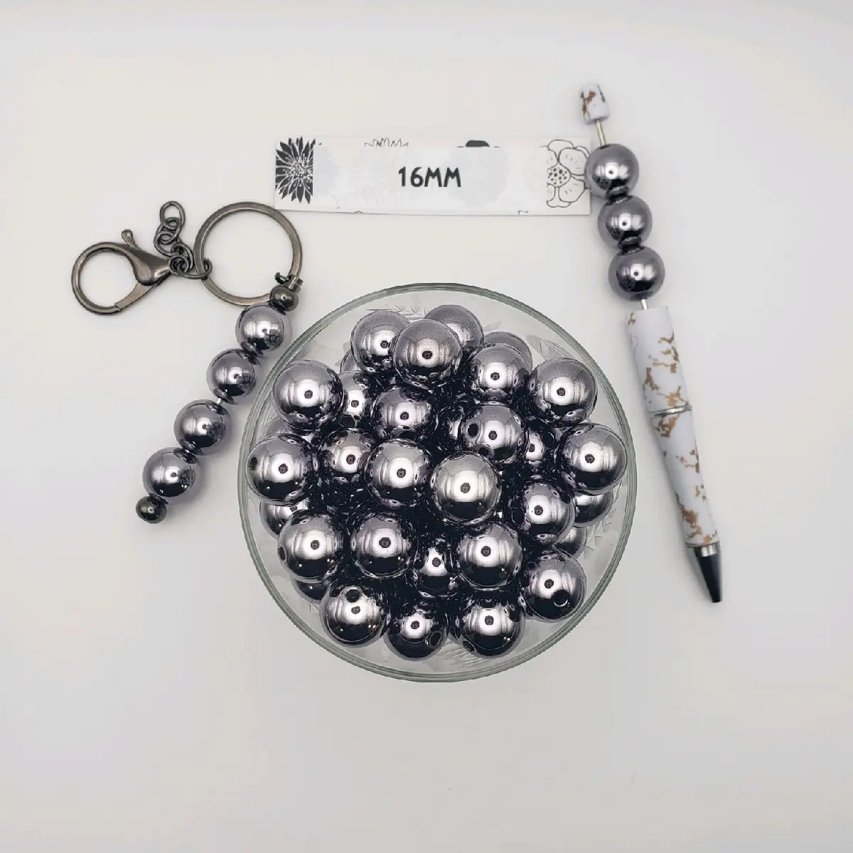 16mm Gun Metal Black Metallic beads  20/pack, Ideal for DIY Projects and Gifts, fits on Pen and keychain items for beading.
